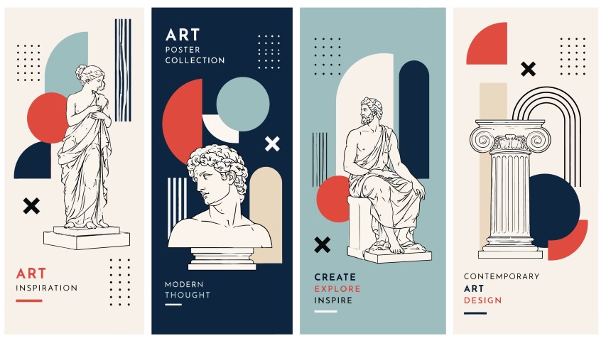 Set of four classical art posters with greek statues and geometric shapes.